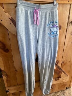 Hello Kitty Grey Sweatpants with Pink Drawstring and Blue Graphic